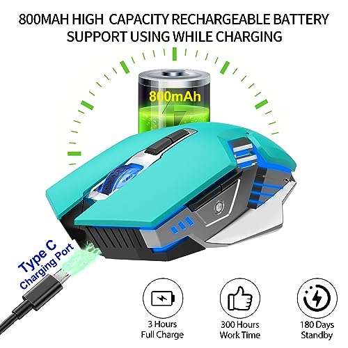 Image of Bluetooth Gaming Mouse, RGB Rechargeable USB Wireless Mouse, Quiet Click, LED Backlit, Ergonomic, with Side Button, 6 Button, DPI Adjustable, Computer Mice for Laptop PC MacBook Chromebook - Green