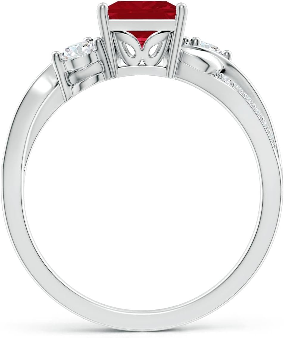 Angara Square Ruby Twisted Vine Engagement Ring in 14K Solid Gold/Platinum | Natural Ruby Side Stone Ring for Women | July Birthday, Red Gemstone Jewelry Gift
