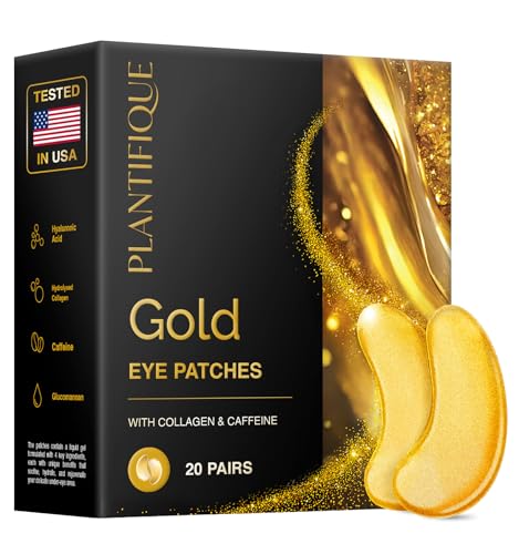PLANTIFIQUE 24k Gold Parches Ojos Bolsas y Ojeras, 20 Pares Parches de Colageno y Cafeine para Contorno Ojos, Mascarillas Dorados Antiarrugas y Antiojeras - Eye Patches