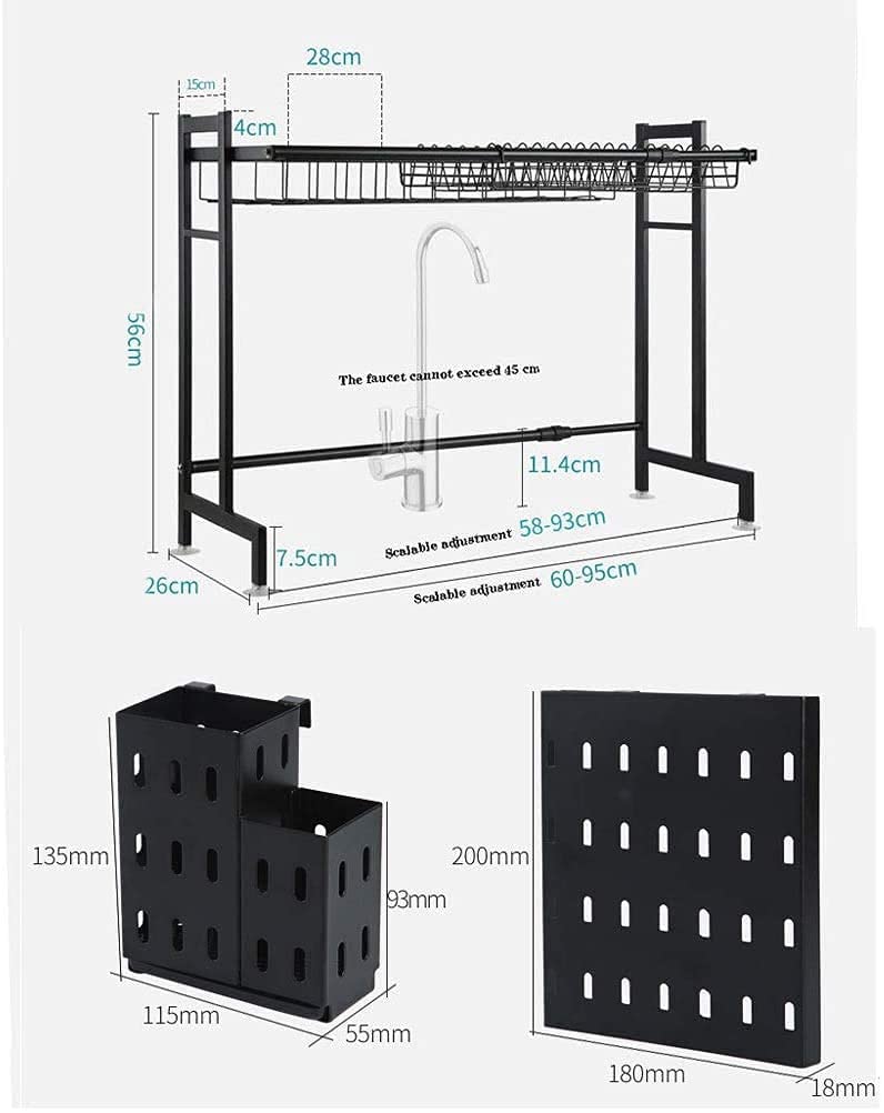 Escurridor de Platos para Cocina, Escurridor de Platos, Escurridor de Platos de Acero Inoxidable Ajustable de una Sola Capa con Soporte para Utensilios Y Palillos, Cesta de Almacenamiento con Ganchos