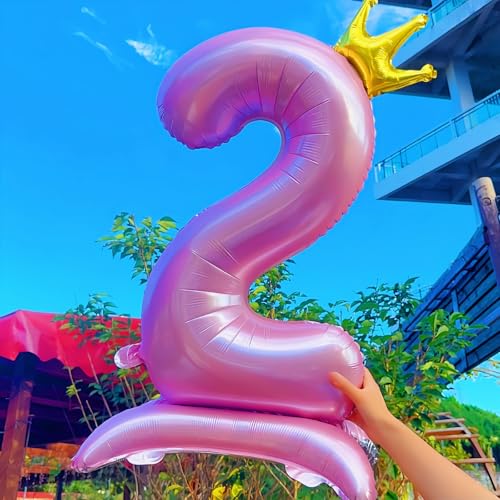 Image of 40 Inch 2nd Birthday Number Balloon, Pearl Pink Foil Giant Number Balloons 0-9 with Crown, for Kids Girls Women 20th Birthday Party Decor Baby Shower Anniversary New Year Party Decoration Supplies