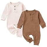 Yookoom Baby Boys Girls 2 Pack Solid Romper Long Sleeve Knit Cotton Button One Piece Jumpsuit Outfit