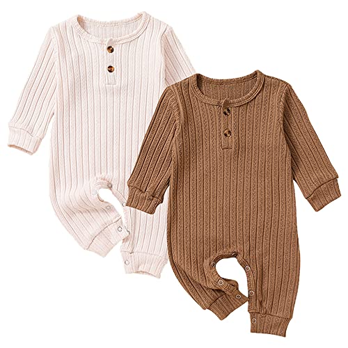 Yookoom Baby Boys Girls 2 Pack Solid Romper Long Sleeve Knit Cotton Button One Piece Jumpsuit Outfits Clothes,Coffee+Beige,12-18M #TOP10