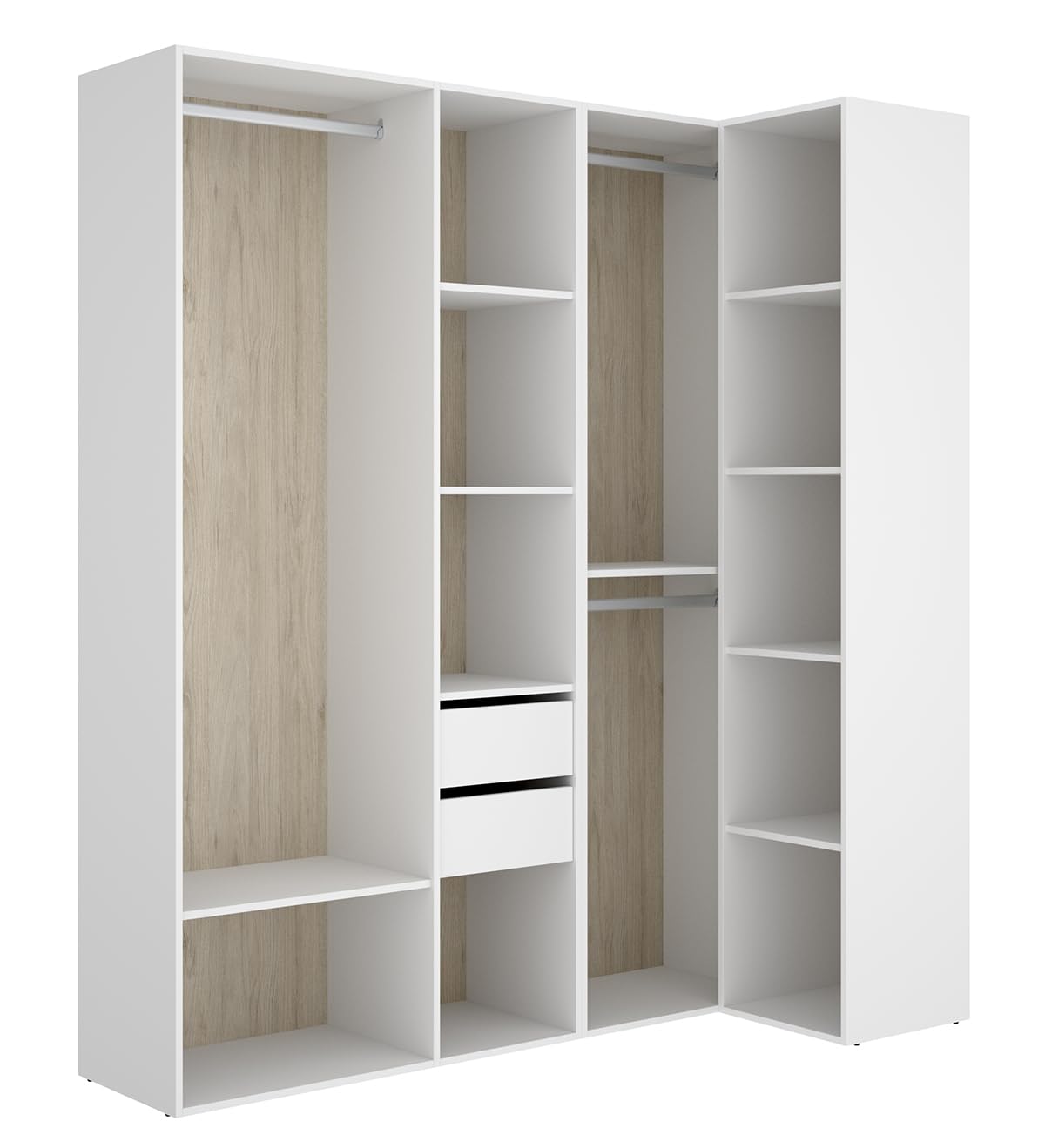PEGANE Ensemble Dressing d'angle avec 2 tiroirs et Fond d'arrière réversible Coloris chêne Naturel, Blanc - Longueur 1825 x Profondeur 79 x Hauteur 205 cm