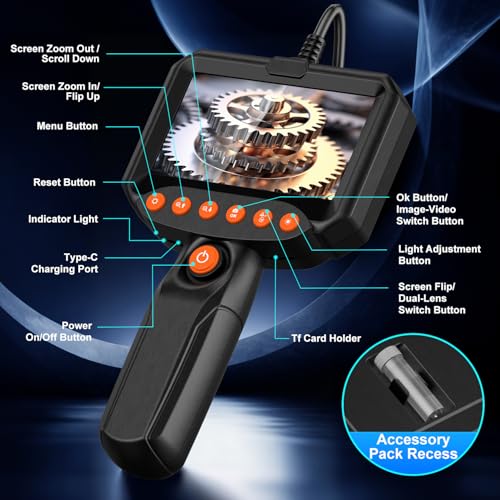 Image of Dual Lens Endoscope Camera with Light, 1920P HD Industrial Borescope with 4.3 inch LCD, IP67 Waterproof Inspection Camera, 16.4FT Semi-Rigid Cable, 8 LED Lights 32GB Card, for Sewer Pipe Car Repair(Black)