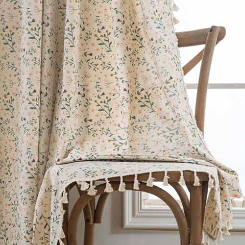 TIVNICO Floral Curtains 63 Inch Length for Bedroom Boho Linen Farmhouse Curtain for Living Room Vintage Blossom Patterned Rod Pocket Semi Sheer Window Treatments Drapes 2 Panels, Wildflower on Beige