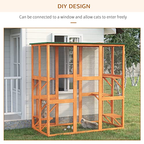 Pawhut Outdoor Cat House Big Catio Wooden Feral Cat Shelter Enclosure With Large Spacious Interior, 6 High Ledges, Weather Protection Asphalt Roof, 71" L, Orange #TOP3