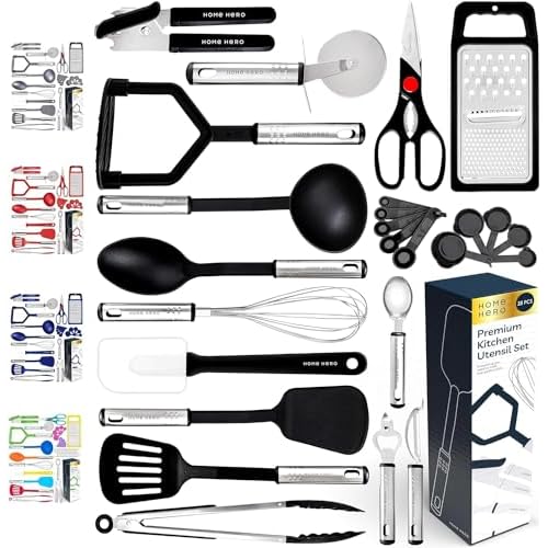 Home Hero Silicone Spatula Kitchen Utensils Set – Stainless Steel & Nylon Cooking Utensils Set – BPA Free Spatulas Silicone Heat Resistant Kitchen Gadgets Kitchen Essentials (25 Pcs – Black)