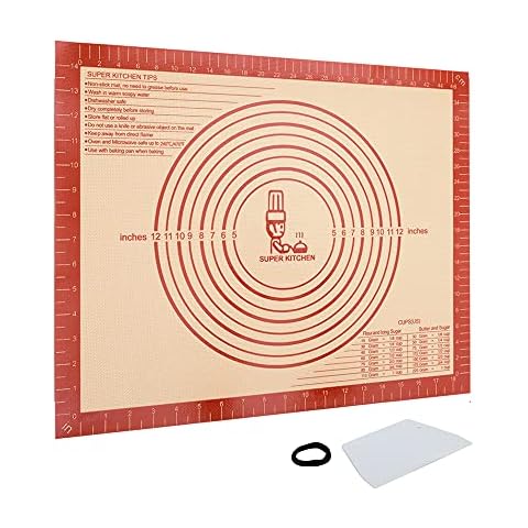 Silicone Baking Mat Sheet Pastry Mat with Measurement, Non-Slip Pastry Rolling Mat, Non-Stick Dough Kneading Board Mat, Bread Fondant Mat, Countertop Protector, Table Placemat (Red, Scraper)50 × 40 cm Cover