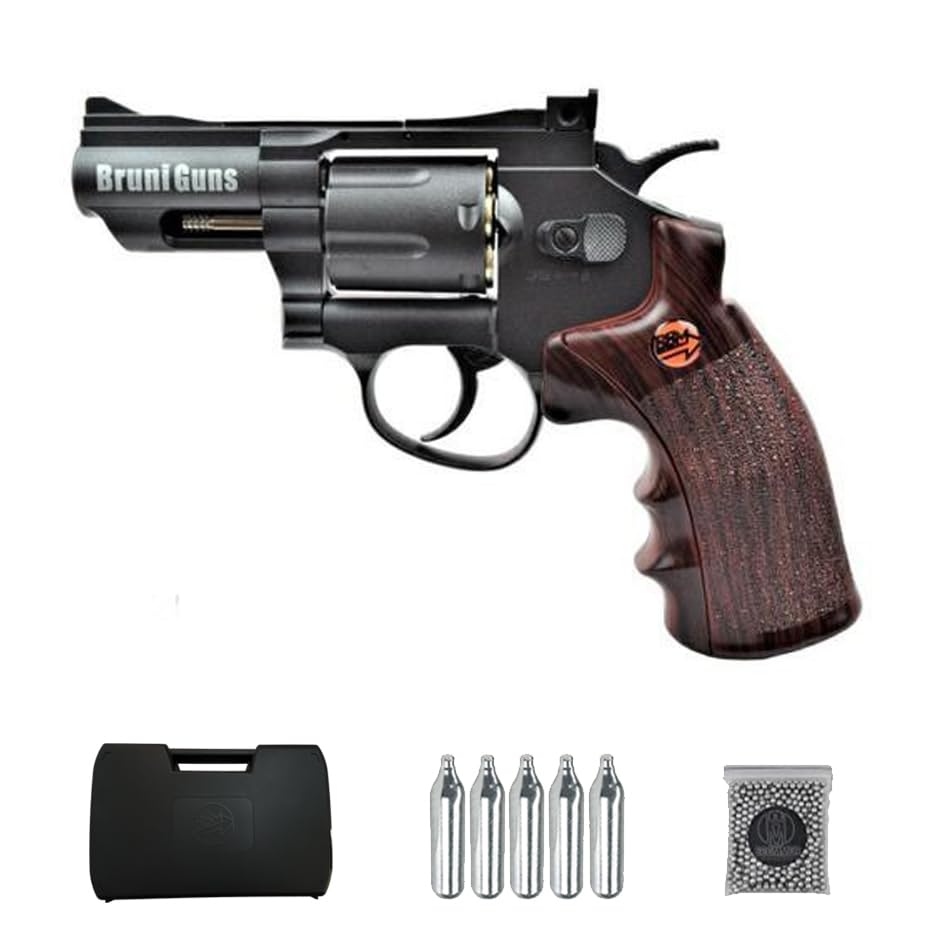Ecommur. Bruni 708B Negro 2,5" | Revólver de perdigones (Bolas BB's de Acero) de Aire comprimido semiautomática 4,5mm maletín +balines y CO2