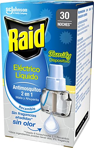 Raid Recambio Eléctrico Líquido Family 30 noches - Cargador para aparato enchufe anti mosquitos comunes y tigre 2 en 1, mata y ahuyenta, Multicolor