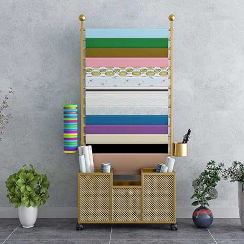 KK-GAL Rolling Flower Market Wrapping Paper Display Stand, Freestanding Wrapper Paper Holder Rack, Heavy Duty Steel Organiser Holder with Wheels for Vinyl Spool, with Adjustable Bars,Gold 120cm