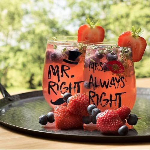 Couple Wine Glasses Set MR RIGHT and MRS ALWAYS RIGHT Crystal Stemless Wine Glass Gifts for Valentines Wedding Engagement Anniversary for His Hers Husband Wife Boyfriend Girlfriend Lovers LEAD FREE 1