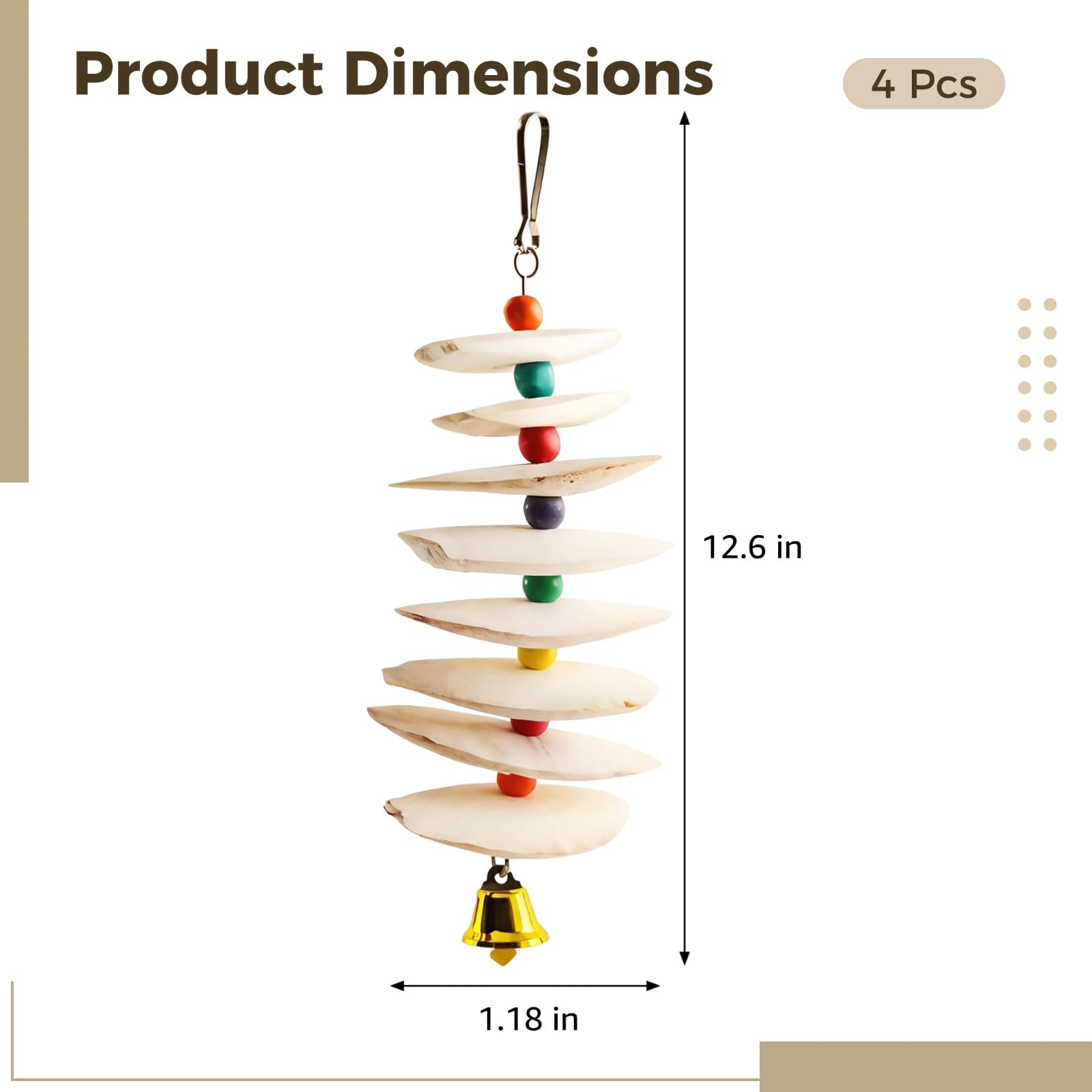 Lot de 4 os de seiche pour oiseaux, 32 cm, jouets à suspendre avec clochette, pierre naturelle pour le bec, poncés et dessalés, jouet à mordiller avec apport en calcium pour petits et moyens oiseaux