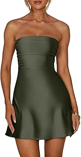 Women's Sexy Tube Strapless Ruched A Line Wedding Guest Cocktail Satin Mini Dress - Buy now