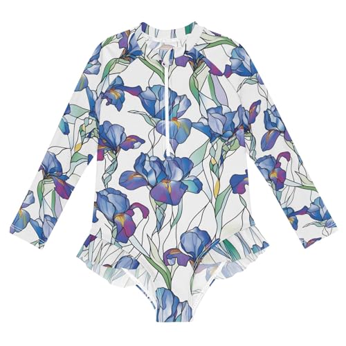 ALAZA Bathing Suits for Girls Toddler Girl Swimsuit Blue Irises Flowers Long Sleeve UPF 50+ 5-6T