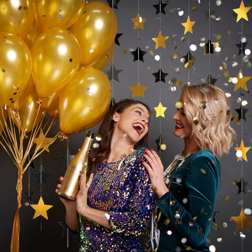 Image of Spakon 65 Feet Glitter Star Paper Garland Banner Hanging Decoration Star Streamers Double Side 2026 Graduation Decorations for Wedding Birthday Festival New Year Party Decoration(Gold Black)