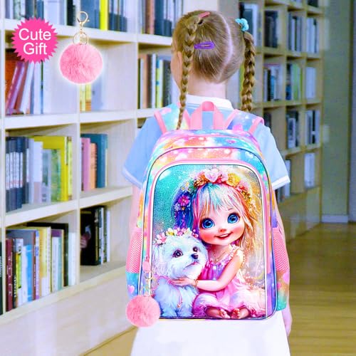 Image of 3Pcs Dog Backpack for Girls, 16 inch Kids Backpacks with Lunch Box, School Bookbag for Elementary Preschool Kindergarten (Pink)