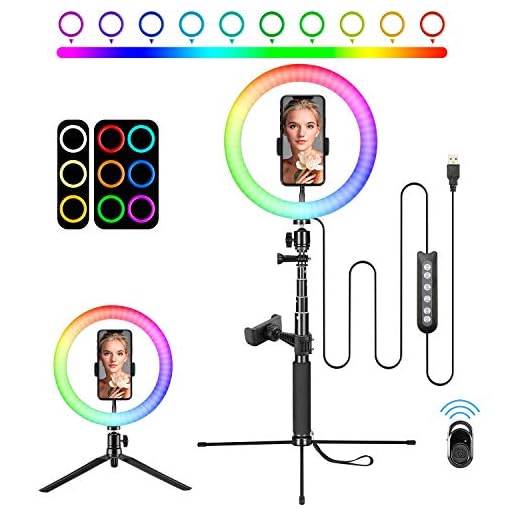 Jusoo 10.2" RGB Luz de Anillo LED con Trípode, Anillo de Luz con Soporte de Móvil y Control Remoto Bluetooth, Aro de Luz con 7 RGB Colores Regulable, 10 Niveles de Brillo y 3 Modos de Luz