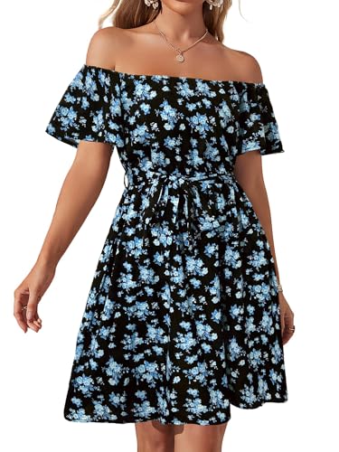 Image of Off Shoulder Ruffle Dress for Women, A-Line Mini Dress with Belt, Fitted Bust Summer Wedding Guest Dress