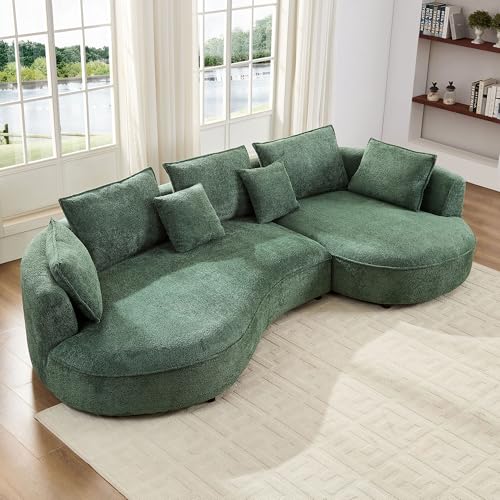 Image of KEIKI 125 inch Luxury Curved Boucle Sectional Sofa with Right Chaise, Upholstered Modern Style Oversized 5-Seater Couch with Thickened Seat Cushions, Easy Assembly, for Apartment, Living Room, Green