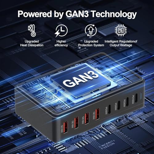 Image of TECHBLAZE 240 W GaN 3 Super Fast Charger Adapter, 8-Port (4 USB A+ 4 Type- C) with PD Technology, Universal for iPhone, Android, MacBook, Type-C Laptops, Compact Multi-Device Charging Solution.