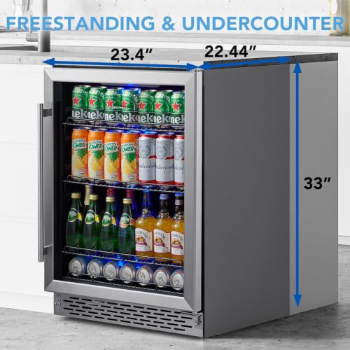 Image of Phiestina Beverage Refrigerator 175 Cans Under Counter Beer Cooler 24 inch Quiet Built-in or Freestanding Beverage Fridge Glass Door Auto Defrost 5 Removable Shelves for Home Bar Office