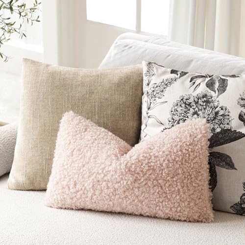 Image of Foindtower Set of 2 Curly Teddy Wool Pillow Covers Decorative Boucle Textured Lumbar Throw Pillow Faux Fur Sherpa Pillowcases Sheepskin Fuzzy Cushion Case for Sofa Bedroom Car 12 inchx20 inch Light Pink