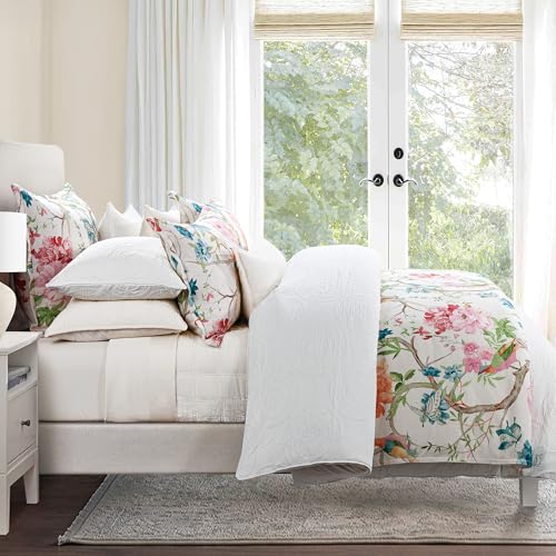 HiEnd Accents Rowan Washed Linen Floral Comforter Set, 3 Piece Queen Size Bedding Set, Garden Green, Watercolor Flower Bird Print, Classic Chic Casual Modern Traditional Comforter with Pillow Shams