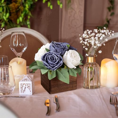 DIYDOFUN Dining Table Centerpiece - Pre-Made Aritifial Rose with Wooden Vase Fake Floral Arrangment Faux Flower for Wedding Bridal Tea Party Event Decorations - Image 5