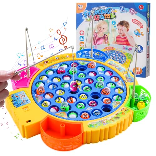 Qingning Jogo de Pesca para Crianças com 45 Peixes e 4 Varas de Pesca, Jogo de Pesca Magnético com Música, Giratório, Jogo de Tabuleiro, Jogo Educativo Montessori, Presentes de Aniversário para