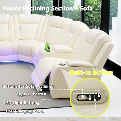 Image of Power Recliner Sectional Sofa Set with LED Light,L Shaped Leather Sectional Couch Set with 5 Recliner Seats,Modular Couches with USB Ports for Living Room Furniture,Cream White