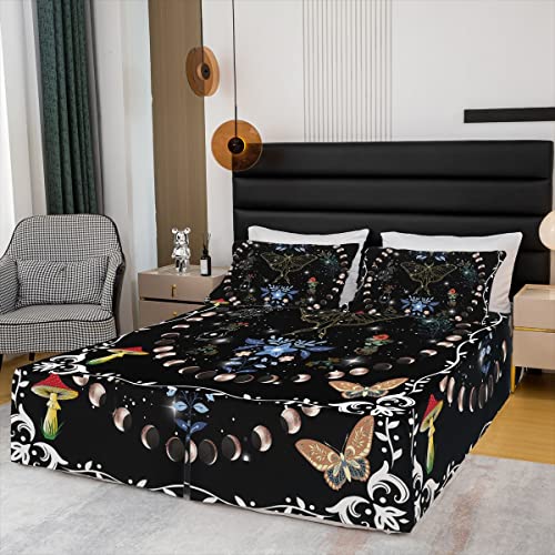 Sun And Moon Bed Skirt King,Trippy Moon Phase Bed Skirts For Kids Boys Girls Teens,Gothic Moth Butterfly Mushroom Bedskirt,Galaxy Glitter Stars Wrap Around Bed Skirt With 2 Pillowcases Split Corners #TOP2