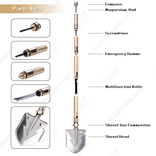 BACOENG 17 in 1 Folding Shovel - with Knife and Fire Starter - Perfect for Snow Shovel, Entrenching Tool, Auto Emergency Kit, Survival Axe, Camping Multitool, Tactical, Military, Self-Defense - Thumbnail 4