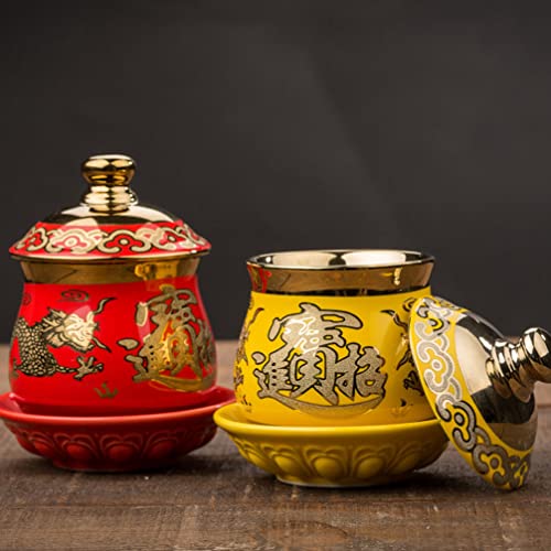 Zerodeko Ceramic Altar Cup, Holy Water Offering Cup With Auspicious Patterns, Tibetan Buddhist Worship Cup Decorative Cup Blessing Cup Teacup With Lid (Red) #TOP6