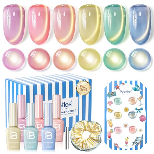 Image of Beetles Summer Voyage Cat Eye Gel Nail Polish Set - 9ML 6 Colors Saltmist Sunset Summer Cat Eye Gel Nail Polish Kit Yellow Blue Green Pink Purple Soak Off UV Salon DIY at Home Manicure Gift for Women