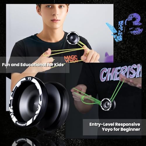 Image of Magic Yoyo V3 Professional Responsive Yoyo - Aluminum Yo-Yo for Kids & Beginners | Includes Replacement Unresponsive Bearing for Advanced Players, Removal Tool, Bag & 12 Strings (Black)