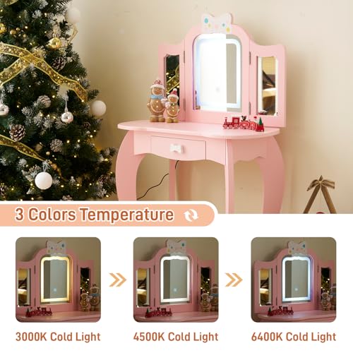 Image of Vanity Set,ShyneeMakeup Dressing Vanity Set Wooden Princess Makeup Table with Cushioned Stool,Drawer,Wooden Legs and Mirror, Make Up Dressing Play Set for Girls (Pink Bow)