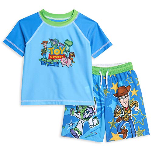 Disney Pixar Toy Story Buzz Lightyear Woody Toddler Boys Swim Rash Guard Swim Trunks Set Blue 4T