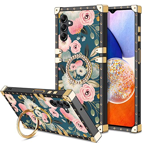 HoneyAKE for Samsung Galaxy A14 5G Square Case for Women with Ring Stand Holder Floral Luxury Soft TPU Shockproof Protective Metal Reinforced Corner Phone Case Girls for Galaxy A14 6.6 inch Flowers