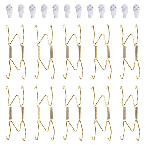 Image of 10 Piece Plate Hangers, 4 Inch Invisible Brass Wall Plate Hangers, Comes with 12 Piece Wall Hooks for Decorative Plates