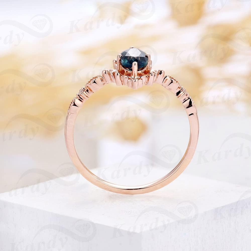 Kardy Vintage Teal Sapphire Moissanite Engagement Rings, Oval cut Rose Gold Milgrain Ring, Wedding Anniversary Band Gifts for Women
