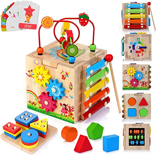 HELLOWOOD Cube de motricité 8 en 1 dès 1 an Jouet de motricité avec Plateau d'empilage et de tri Mots Cartes(en Anglais) Jouet de motricité Bébé Jouet Montessori Cadeau pour Enfants Cover