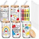 RimCereal 6 Pcs Teacher Appreciation Gifts 2026 Bulk 16 oz Teachers Glass Cup with Lid and Straw Cute Iced Coffee Tumbler Thank You End of Year Teacher Gift for Daycare Preschool Graduation Retirement