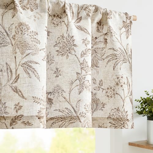 Vangao Linen Valance Curtain Farmhouse Cottage Floral Small Window Curtain Light Filtering for Kitchen Rustic Valance for Living Room Bedroom Rod Pocket 1 Panel Taupe on Beige