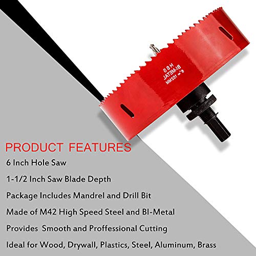 6 Inch Bi-Metal Hole Saw, 6In Diameter Hole Saw With Heavy Duty Arbor, Perfect For Recessed Can Lights, 38Mm Cutting Depth Great Metal, Wood, Drywall Saw, Smooth Cutting And Bright Red Color #TOP1