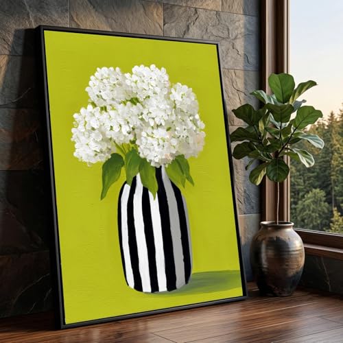 Toile bouquet d'hortensias blancs pour raviver un mur vide, affiche florale moderne fond vert 50x75