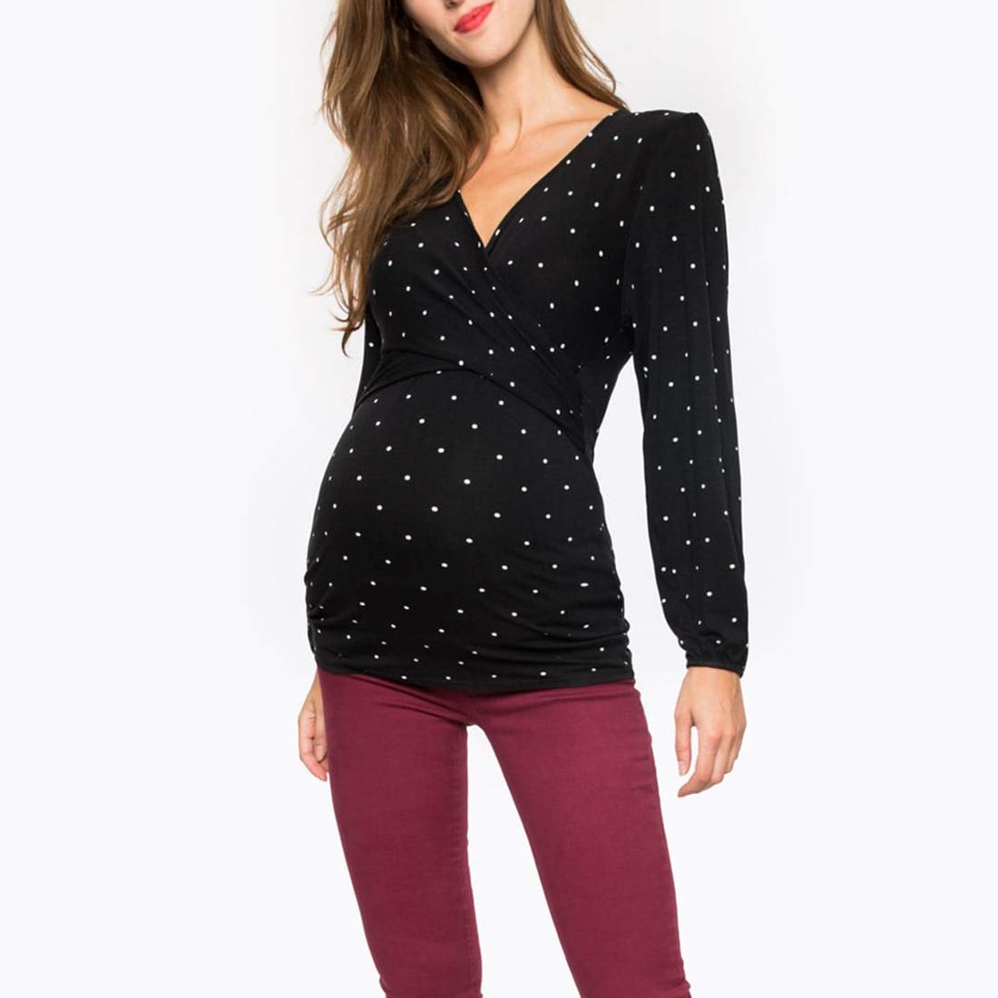 SISAY T-Shirts à Manches Longues Maternité Vetement Femme Enceinte Grossesse Hiver Tee Shirt Allaitement Haut Imprimé Mignon Tunique Portefeuille Col V Blouse Automne Pull Printemps Chic et Elegant