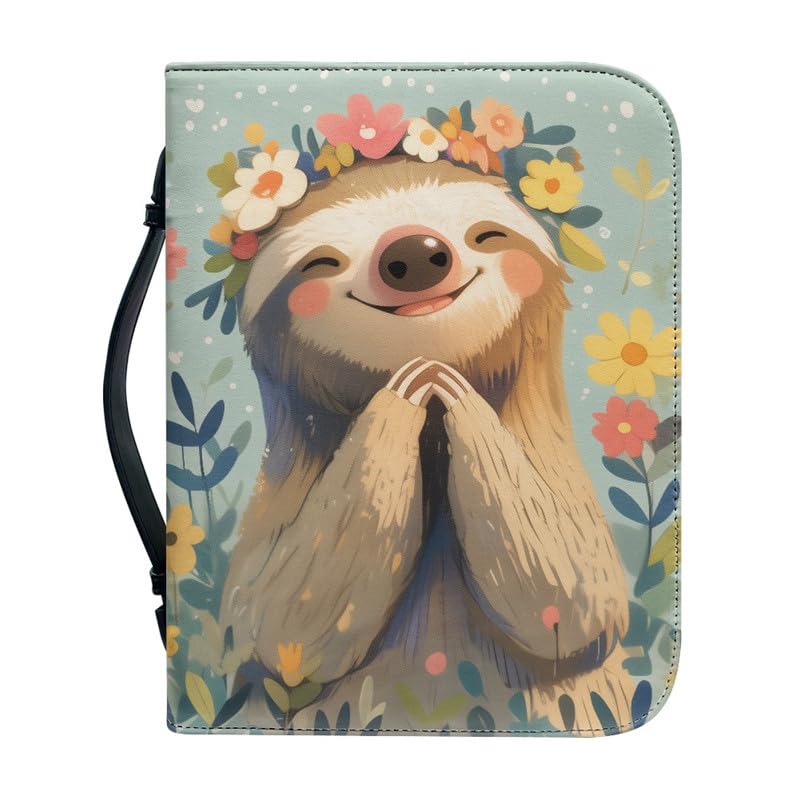 Kuiaobaty Sloth Book Cover Carrying Books Case for Women, Cartoon Animal Flowers PU Leather Zipper Book Bag with Inside Slots for Pen,2XL — image 1