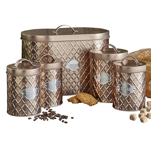 Neo Embossed Diamond Hexagonal Metal Metallic Badge 5 Kitchen Countertop Canisters Jars Tins Set Tea Coffee Sugar Biscuit Bread Bin Box Food Storage Organiser (Copper)
